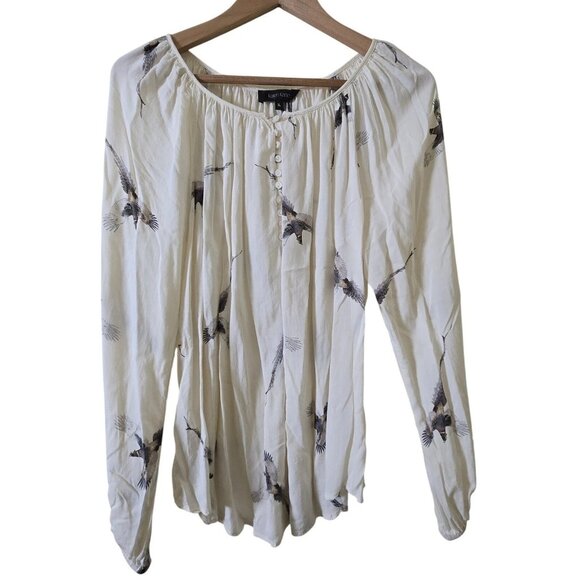 Karen Kane 1X Ivory Bird Print Peasant Blouse 3/4 Sleeve Flowy Boho Top - Picture 1 of 9